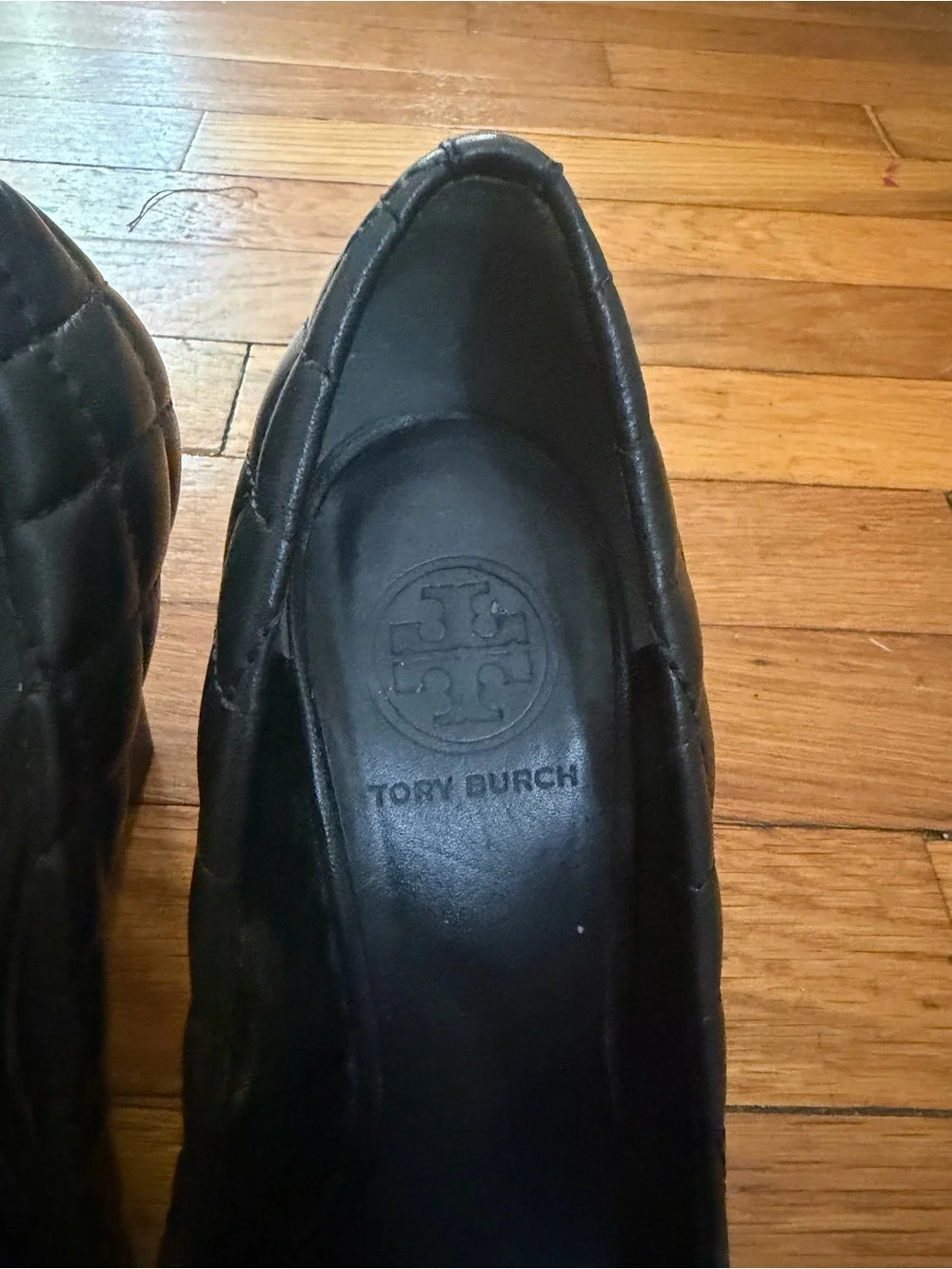 Tory Burch Black Quilted Leather Pumps with Gold Toe Cap Accent